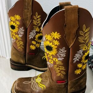 Delphine Brown Cowboy Boots with Yellow Floral Embroidery